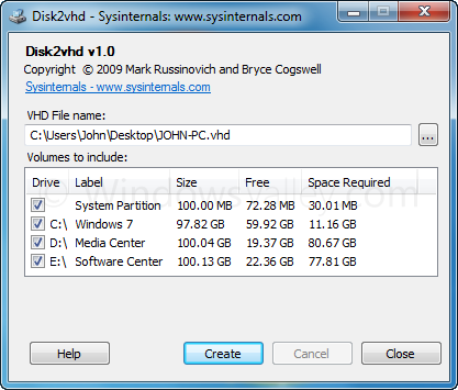 Sysinternals tool  Disk2vhd