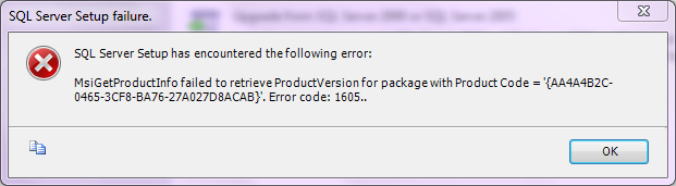 SQL Server Setup has error code: 1605 - Windows Valley