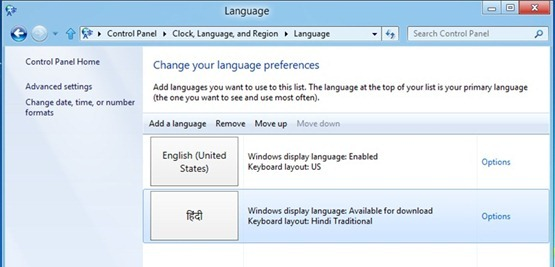 Language preferences in Control Panel